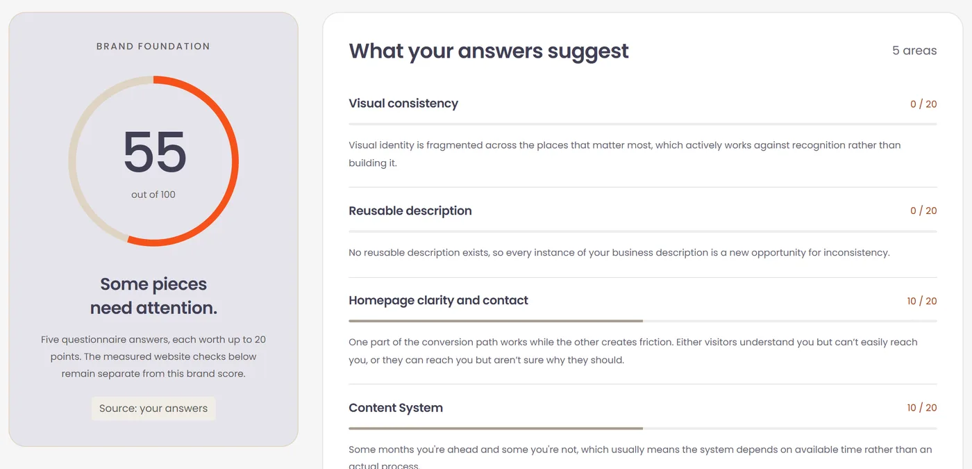 An example audit report with a brand score of 55 out of 100 and findings by area
